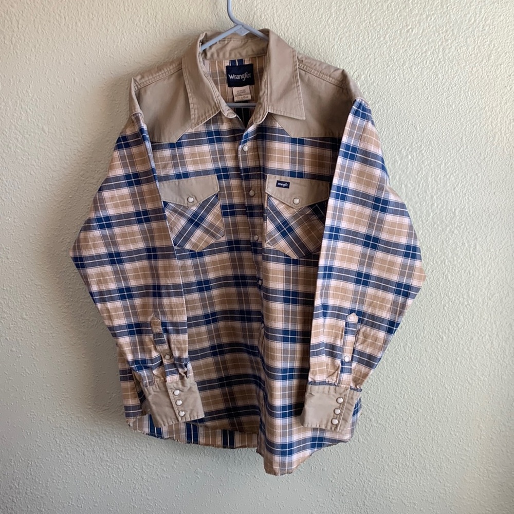 Wrangler Blue Plaid/Beige Accent Heavy Cotton Perl Snap